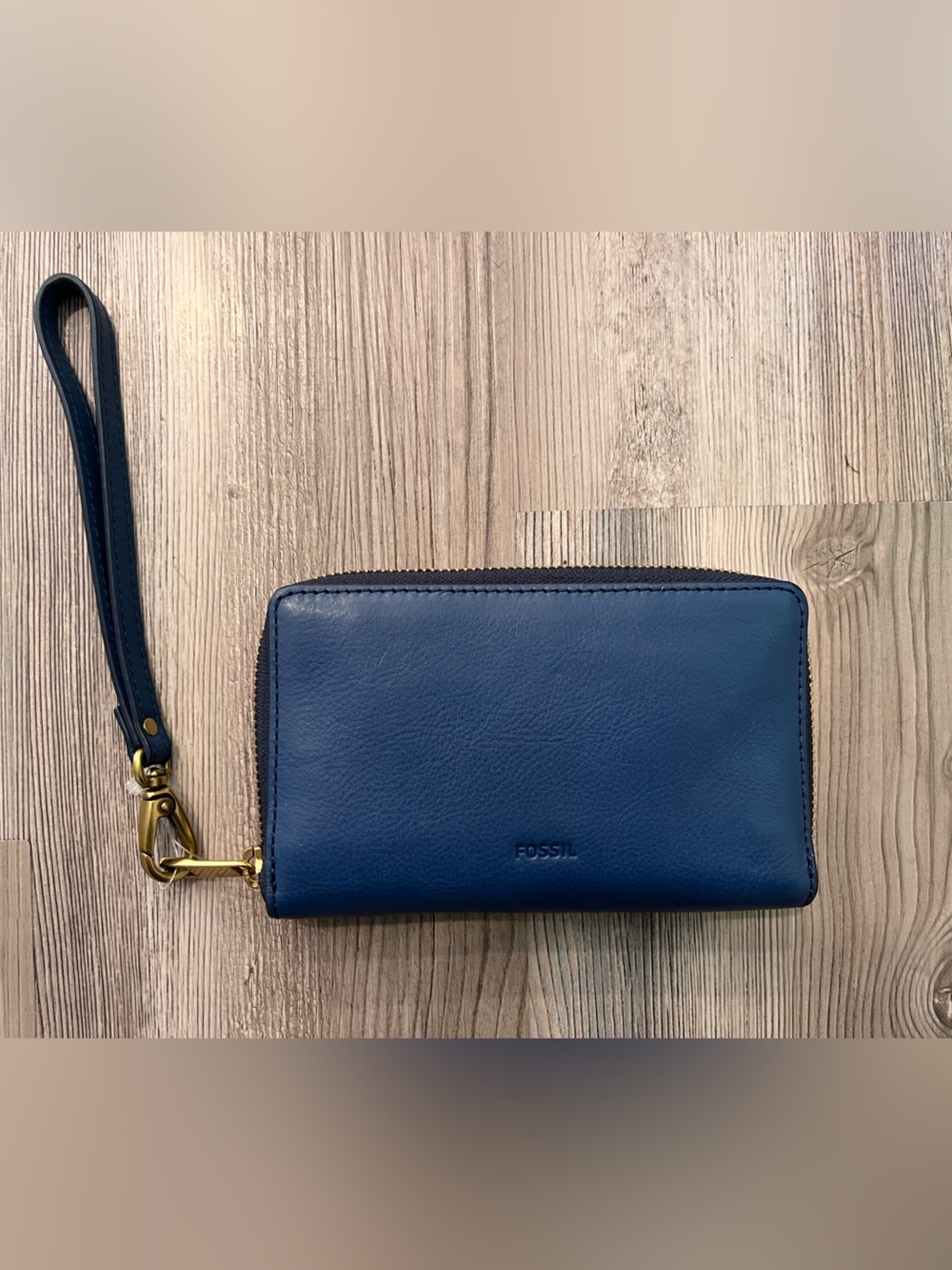 Fossil Navy Leather Zip Wristlet Wallet